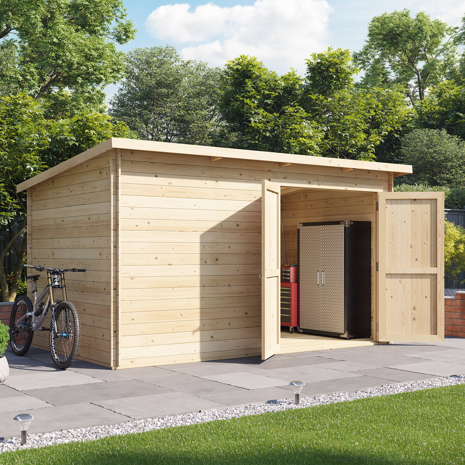 3.7m x 2.4m Log Cabin - BillyOh Pent Log Cabin Windowless Heavy Duty Shed Range - Double Door Garden... from BillyOh