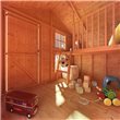 Two storey playhouse interior with toys
