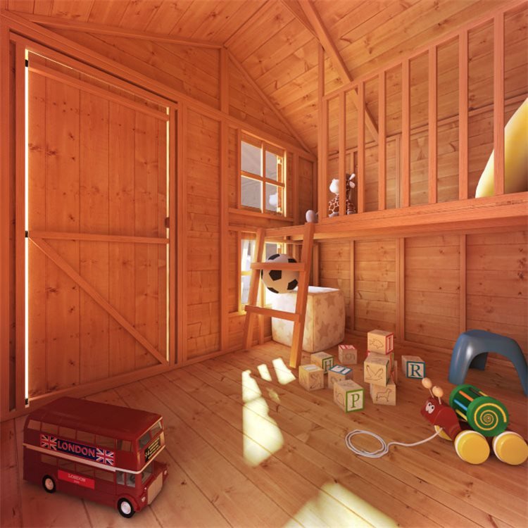 Two storey playhouse interior with toys