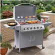 Huntsville 6 Burner Gas BBQ with lid open cooking sausages, burgers, and more, set in a leafy patio garden.