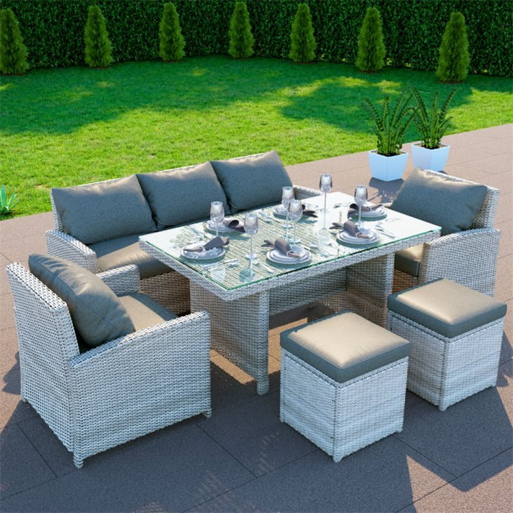 Minerva 7 Seater Rattan Sofa Set, Grey Rattan Dining Chairs Garden