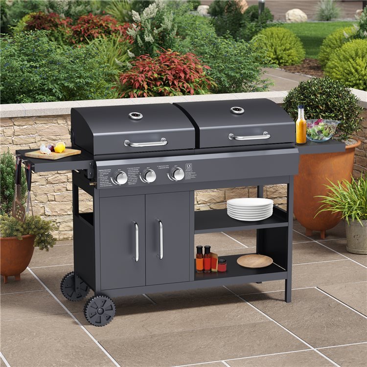 BillyOh Montana Black Dual Fuel Gas and Charcoal Hybrid BBQ in a modern garden space