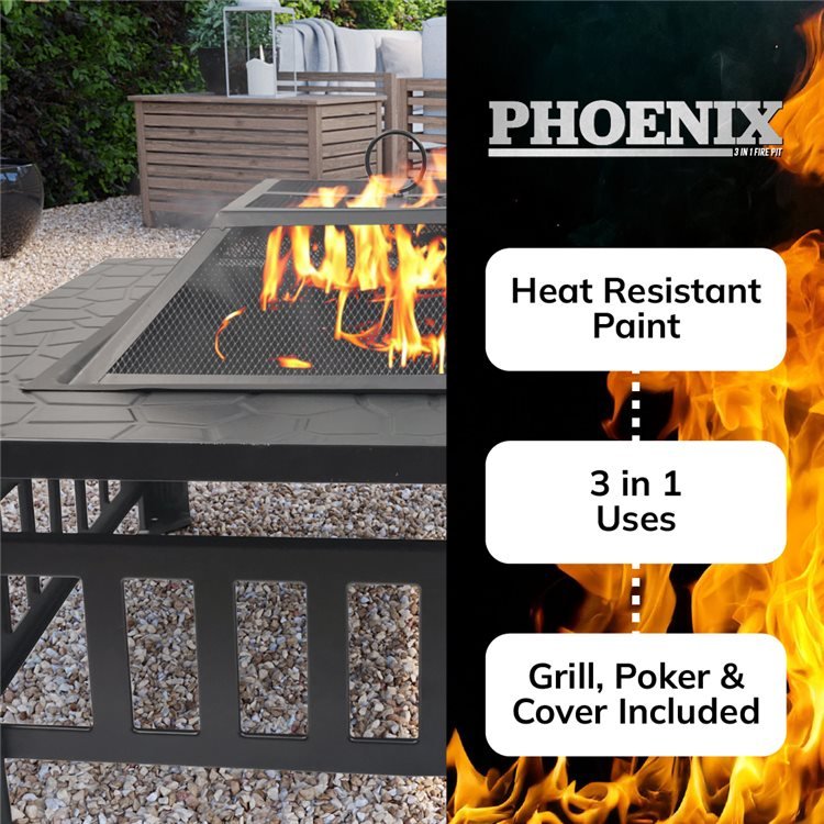 BillyOh Phoenix 3 in 1 Square Metal Fire Pit, BBQ Grill and Ice Pit