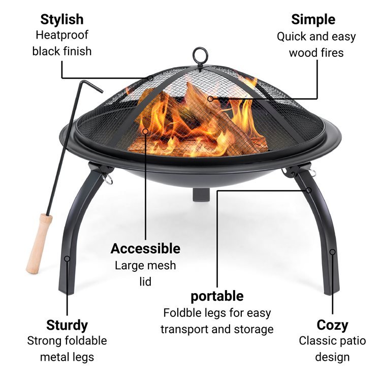 Round Foldable Steel Fire Pit, Fire Pit Folding Legs