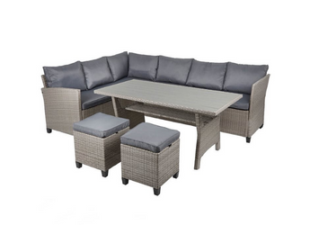 Rattan Corner Sofa Set in Grey with Dining Table & Foot Stools