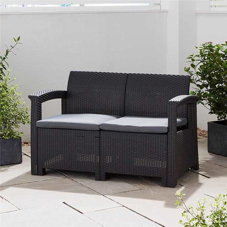 Graphite Rattan Effect Sofa with Grey Cushions