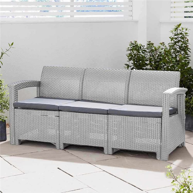 Rattan Effect 3-Seater Sofa with Cushions in Grey
