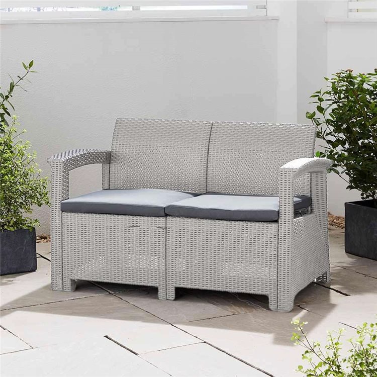 Rattan Effect 2-Seater Sofa with Cushions in Grey