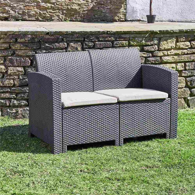 Marbella 2-Seater Rattan Effect Sofa in Graphite with Cream Cushions
