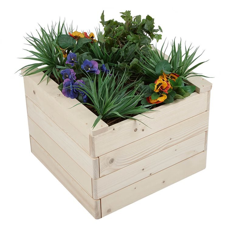 Square wooden planter filled with flowers and plants