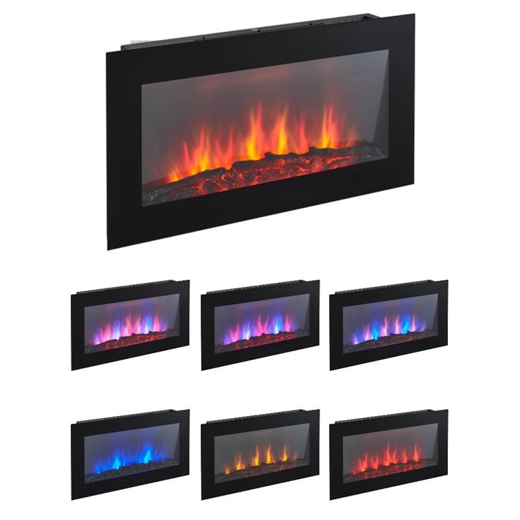 Wall Mounted Log Affect Fireplace 2000W - Flat Wide Screen & 7 Colour LED Flame 91cm