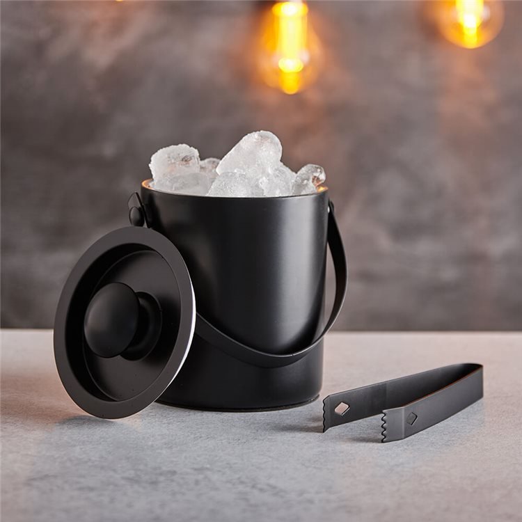 1L Stainless Steel Double Layer Ice Bucket (with cover and handle) - Matt Black Including Ice Clip