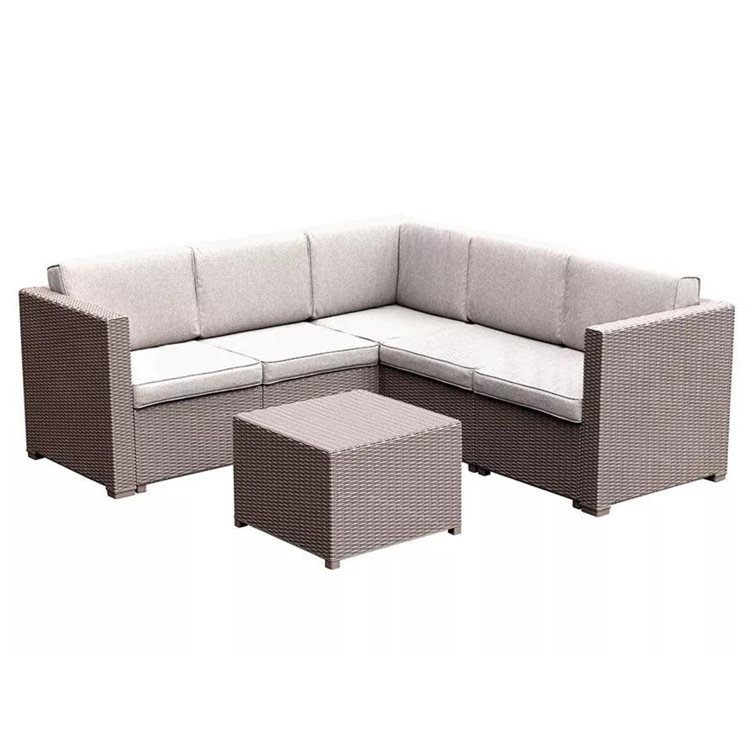 Rattan Effect 5-Seater Corner Sofa & Table Set Brown