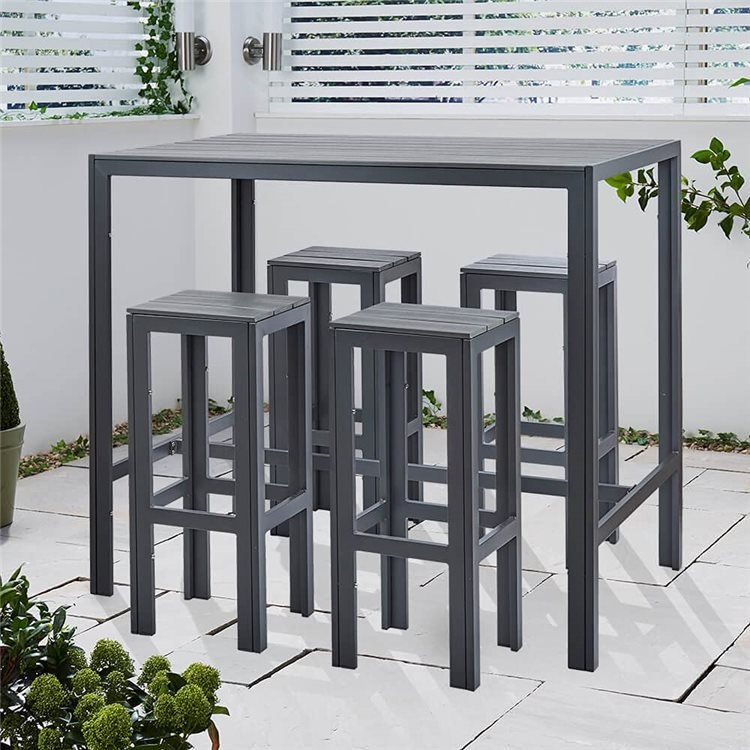 High Bar Table & 4 Stool Grey Polywood Set