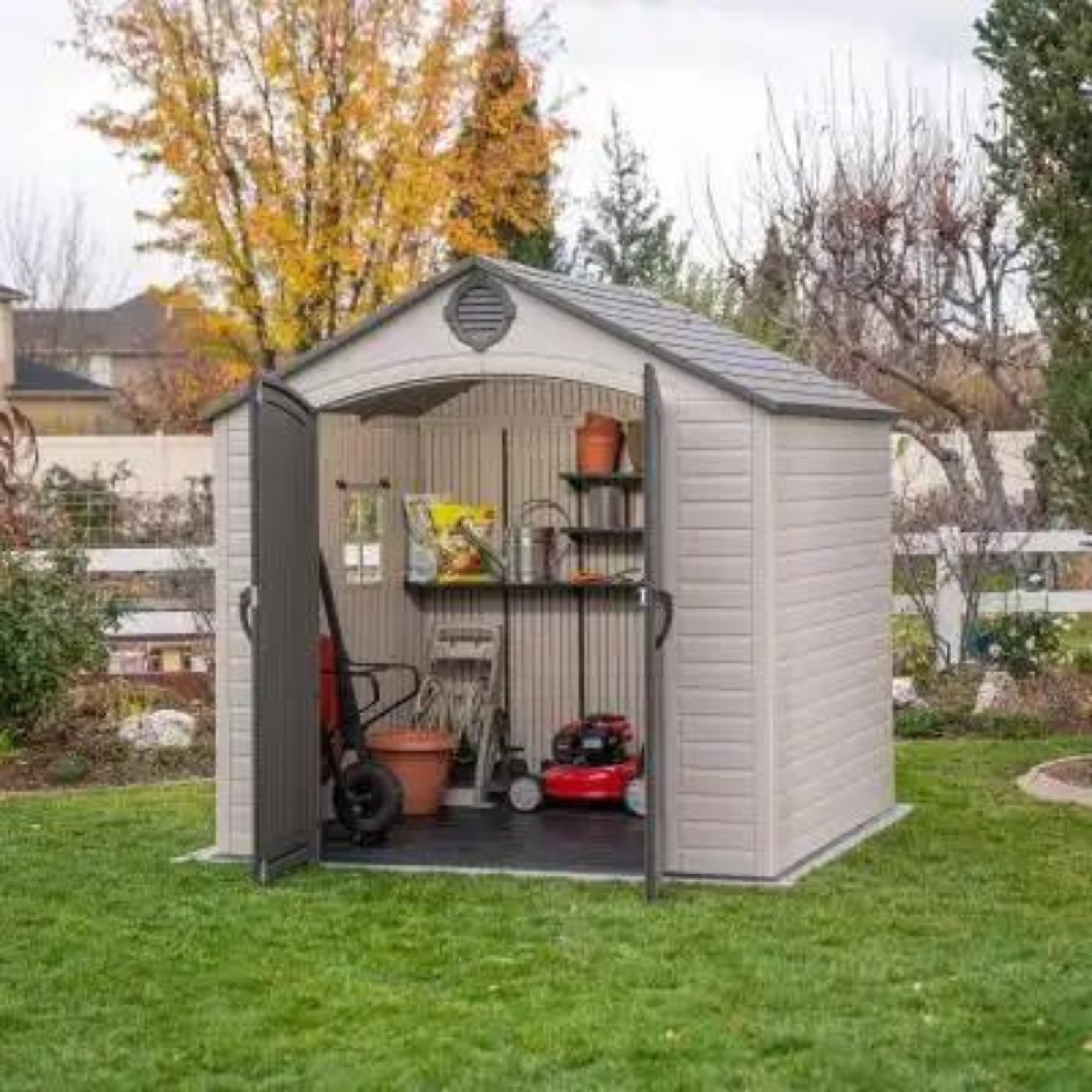 Lifetime 8x7.5 Heavy Duty Wood Effect Plastic Shed with Floor – Apex Garden Storage