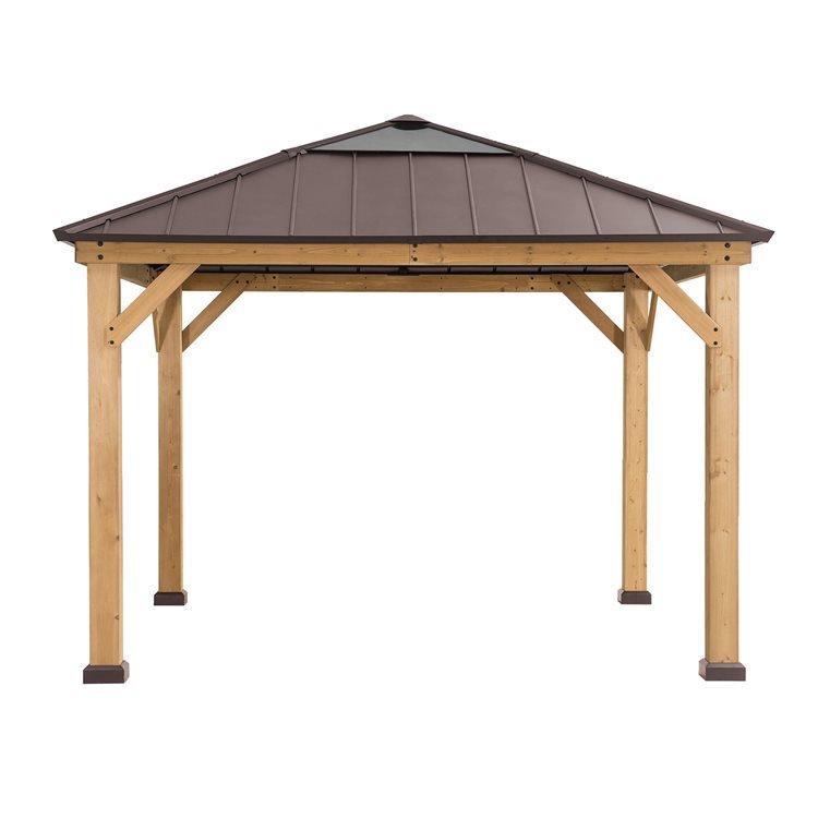 Sunjoy Pirin 3.5m x 3.5m Cedar Framed Gazebo with Brown Steel and Polycarbonate Hip Roof Hardtop