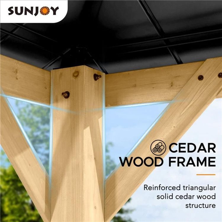 Sunjoy Pirin 3.5m x 3.5m Cedar Framed Gazebo with Brown Steel and Polycarbonate Hip Roof Hardtop