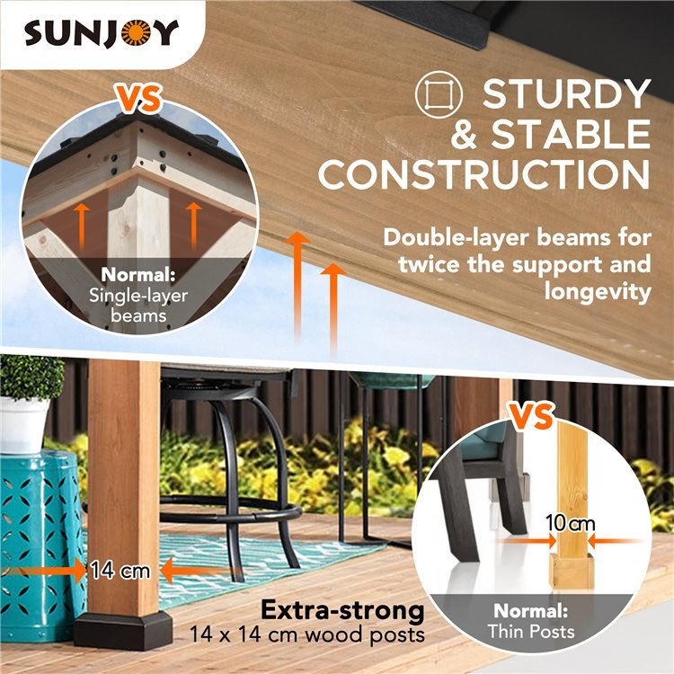 Sunjoy Rapi 3x3m Cedar Framed Gazebo with Brown Steel and Polycarbonate Hip Roof Hardtop